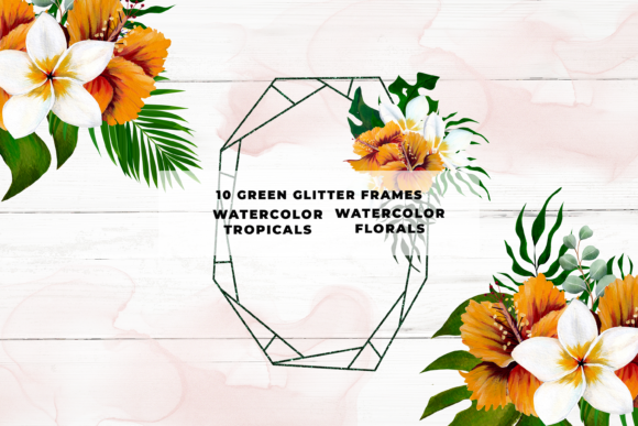 Green Glitter Tropical Floral Border Digital Asset Collection